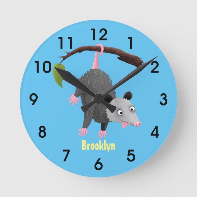 Cute funny opossum hanging from branch cartoon round clock (Front)