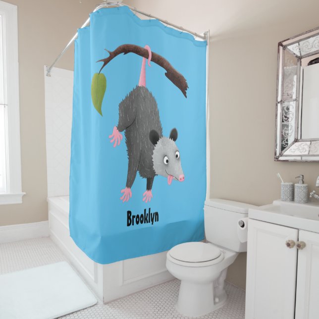 Cute funny opossum hanging from branch cartoon shower curtain (In Situ)