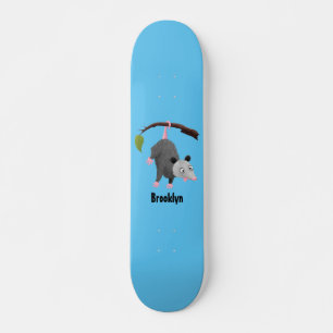 Cute funny opossum hanging from branch cartoon skateboard