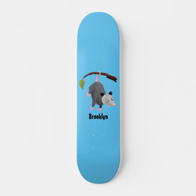 Cute funny opossum hanging from branch cartoon skateboard (Front)