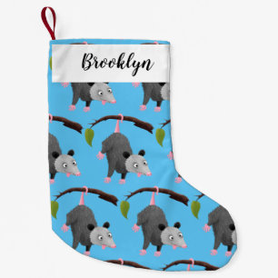 Cute funny opossum hanging from branch cartoon small christmas stocking
