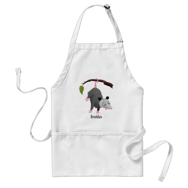 Cute funny opossum hanging from branch cartoon standard apron (Front)