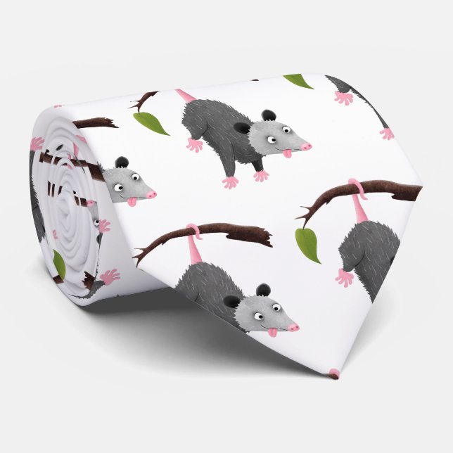 Cute funny opossum hanging from branch cartoon tie (Rolled)