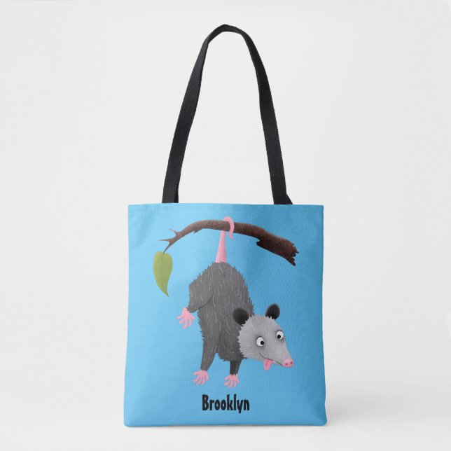 Cute funny opossum hanging from branch cartoon tote bag (Front)