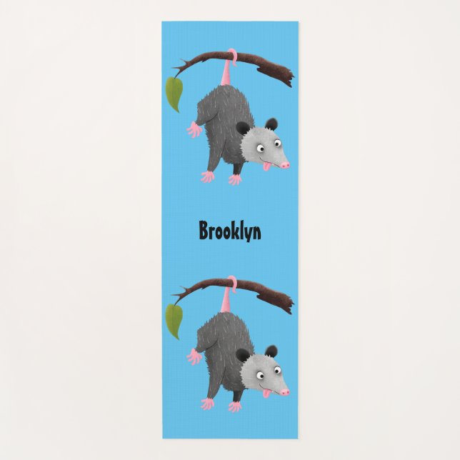 Cute funny opossum hanging from branch cartoon yoga mat (Front)