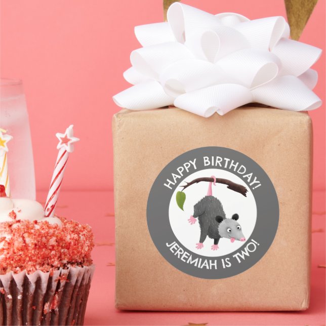 Cute funny opossum personalised birthday cartoon classic round sticker (Party)