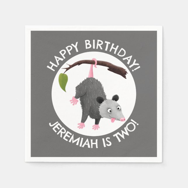 Cute funny opossum personalised birthday cartoon napkin (Front)