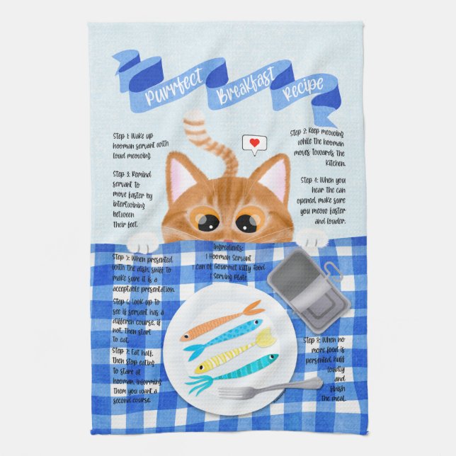 Cute Funny Orange Cat Breakfast Recipe Tea Towel (Vertical)