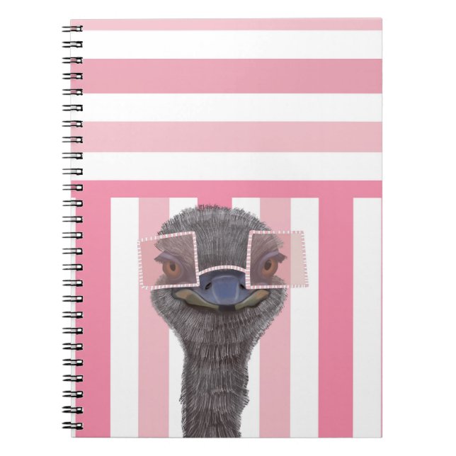 Cute Funny Ostrich with Glasses - Pink | Whimsical Notebook (Front)