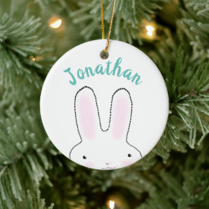 Cute funny peeking bunny cartoon personalised kids ceramic ornament