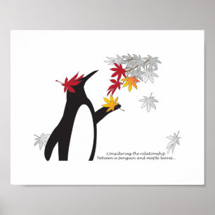 Cute Funny Penguin and Autumn Maple Leaves Poster