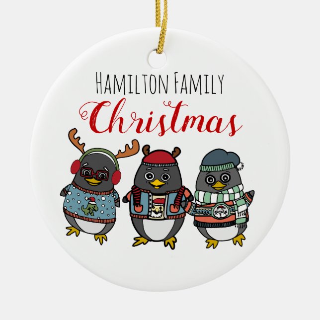 Cute Funny Penguins | Custom Family Christmas Ceramic Ornament (Front)