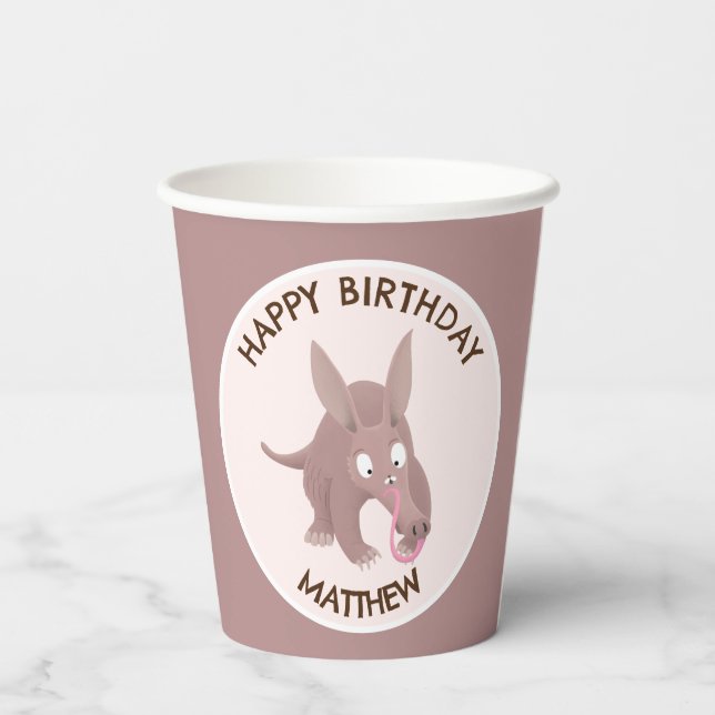 Cute funny personalised aardvark birthday paper cups (Back)