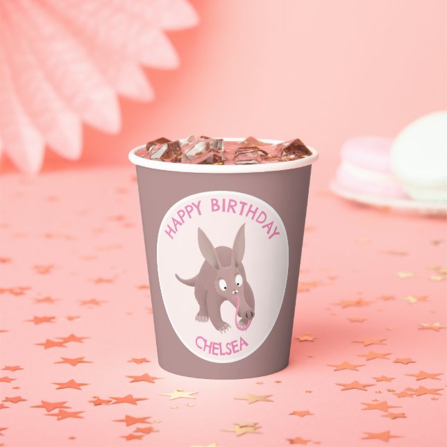 Cute funny personalised aardvark birthday paper cups (Insitu)