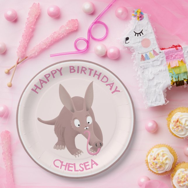 Cute funny personalised aardvark birthday paper plate (Party)