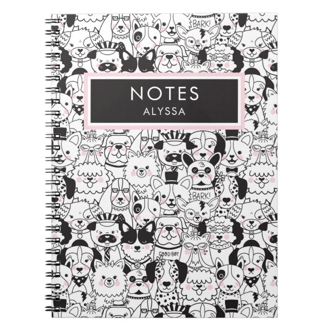 Cute Funny Personalised Dog Breeds Black and White Notebook (Front)