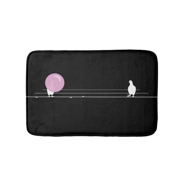 Cute Funny Pink Bubble Gum Birds On a Wire Black Bath Mat (Front)