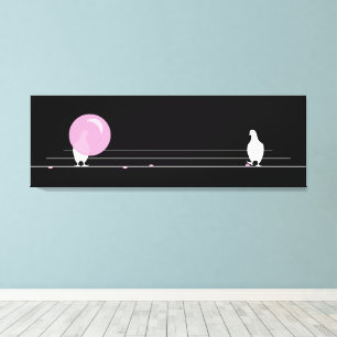 Cute Funny Pink Bubble Gum Birds On a Wire Black Canvas Print