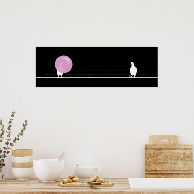 Cute Funny Pink Bubble Gum Birds On a Wire Black Poster (Kitchen)