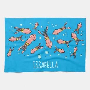 Cute funny pink squid cartoon pattern tea towel