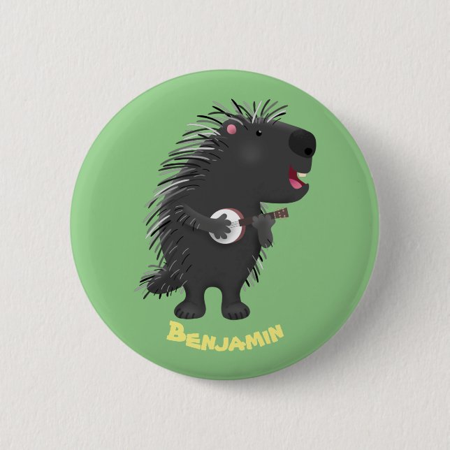 Cute funny porcupine playing banjo cartoon 6 cm round badge (Front)