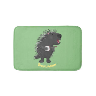 Cute funny porcupine playing banjo cartoon bath mat
