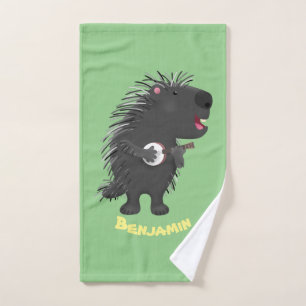 Cute funny porcupine playing banjo cartoon bath towel set