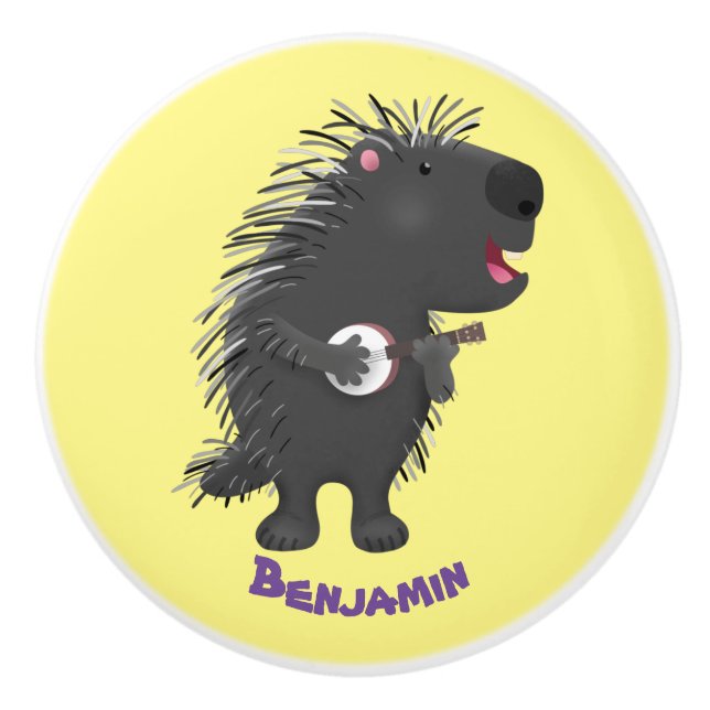 Cute funny porcupine playing banjo cartoon ceramic knob (Front)