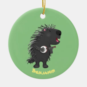 Cute funny porcupine playing banjo cartoon  ceramic ornament