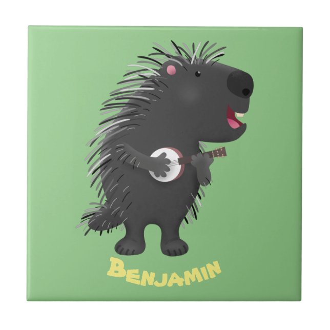 Cute funny porcupine playing banjo cartoon ceramic tile (Front)