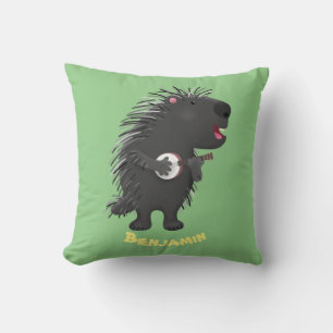 Cute funny porcupine playing banjo cartoon cushion
