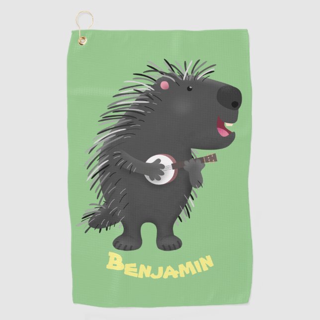 Cute funny porcupine playing banjo cartoon  golf towel (Front)