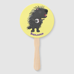 Cute funny porcupine playing banjo cartoon hand fan