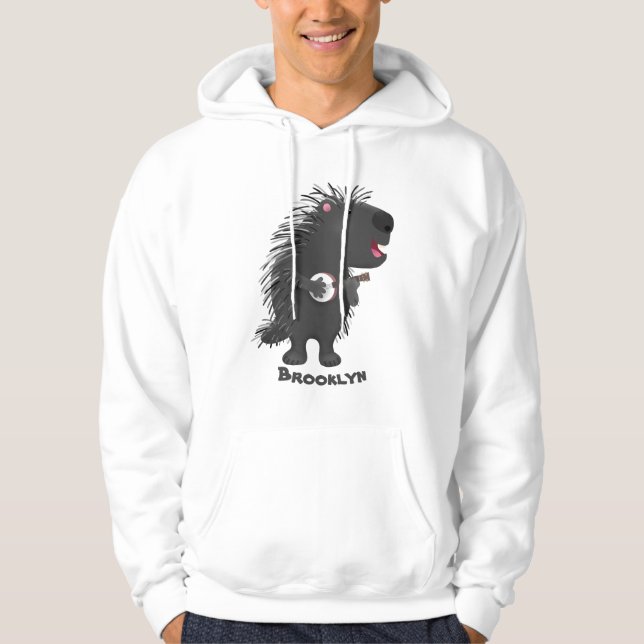Cute funny porcupine playing banjo cartoon hoodie (Front)