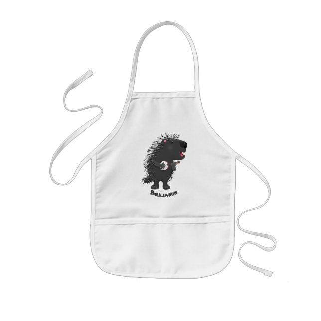 Cute funny porcupine playing banjo cartoon kids apron (Front)