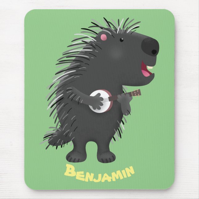Cute funny porcupine playing banjo cartoon mouse pad (Front)