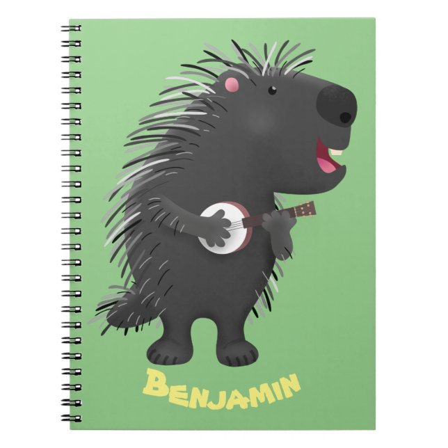 Cute funny porcupine playing banjo cartoon notebook (Front)