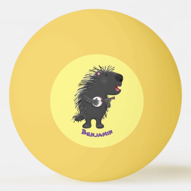 Cute funny porcupine playing banjo cartoon ping pong ball (Front)