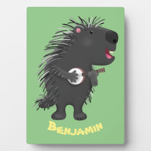 Cute funny porcupine playing banjo cartoon plaque