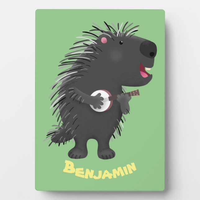 Cute funny porcupine playing banjo cartoon  plaque (Front)