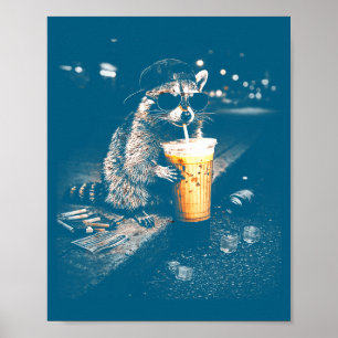 Cute Funny Racoon Drinking Iced Coffee Poster