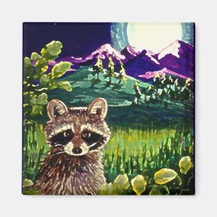 Cute Funny Racoon Moon Mountains Creationarts LRA Magnet