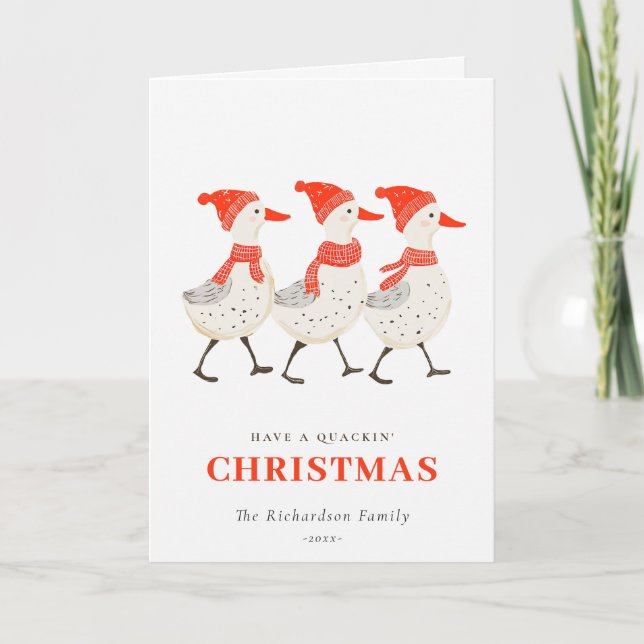 Cute Funny Red Winter Quacking Christmas Ducks  Holiday Card (Front)