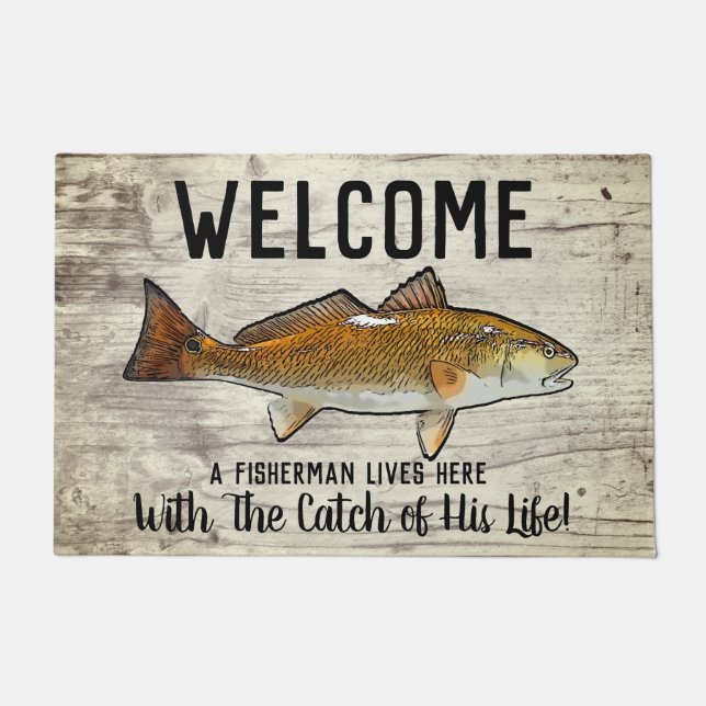 Cute Funny Redfish Welcome Fishing Quote Doormat (Front)