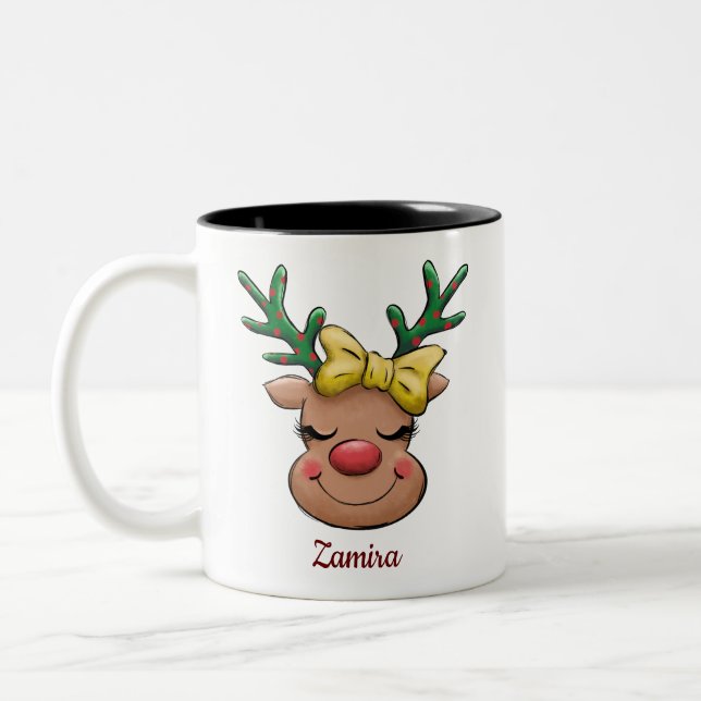 Cute Funny Reindeer Name Personalised Christmas Two-Tone Coffee Mug (Left)