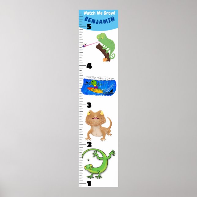 Cute funny reptiles animals cartoon growth chart (Front)