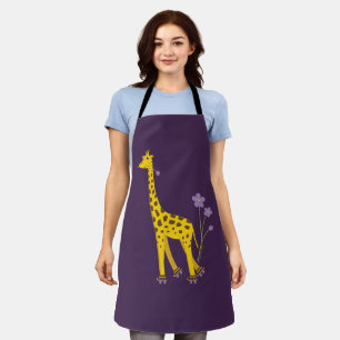 Cute Funny Roller Skating Cartoon Giraffe Purple Apron