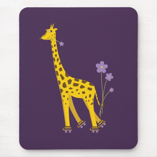 Cute Funny Roller Skating Cartoon Giraffe Purple Mouse Pad (Front)