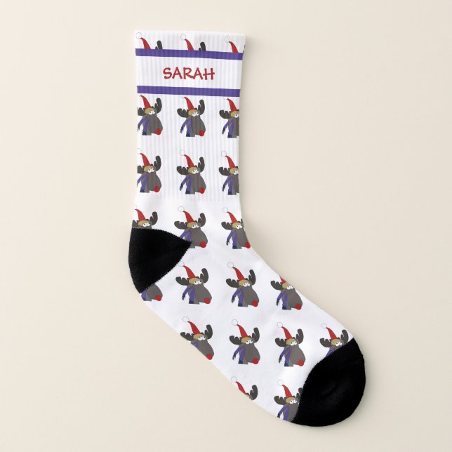 Cute Funny Rudolph Pattern Personalised Name Xmas Socks (Right Outside)