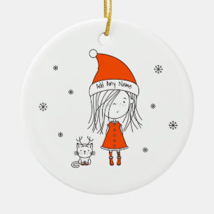 Cute Funny Santa Girl Cat Cartoon Add Name Ceramic Ornament